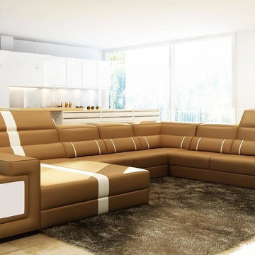 Caramel and White Bonded Leather Sectional Sofa with Adjustable Headrests