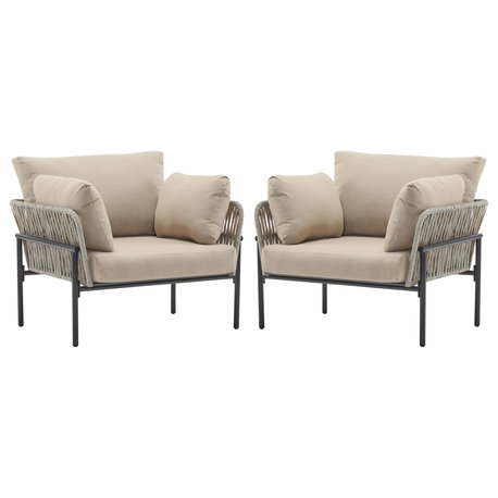 CKH Rope Weave Lounge Chair With Pillows, Metal Frame, Beige/Gray, Set of 2