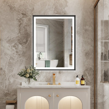 Beveled Bathroom LED Mirror Framed, Backlit and Front Light, Matte Black, 28"x36"