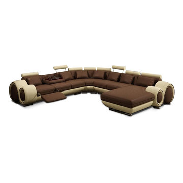 Brown and Beige Leather Sectional Sofa with Chaise
