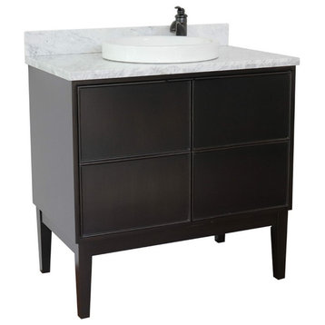 37" Single Vanity, Cappuccino Finish With White Carrara Top And Round Sink