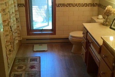 Mid-sized elegant master beige tile and subway tile vinyl floor alcove bathtub photo in Minneapolis with beige walls