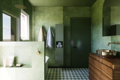 Design ideas for a mid-sized eclectic bathroom in Brisbane with furniture-like cabinets, medium wood cabinets, a freestanding tub, a corner shower, a wall-mount toilet, green tile, porcelain tile, green walls, marble floors, a vessel sink, wood benchtops, green floor, an open shower, brown benchtops, a niche, a single vanity and a freestanding vanity.