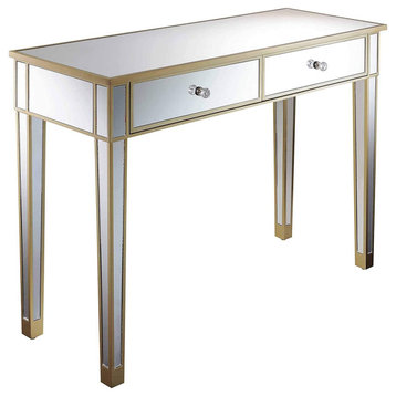 Contemporary Desk, Tapered Legs With 2 Drawers & Mirror Inlay, Champagne