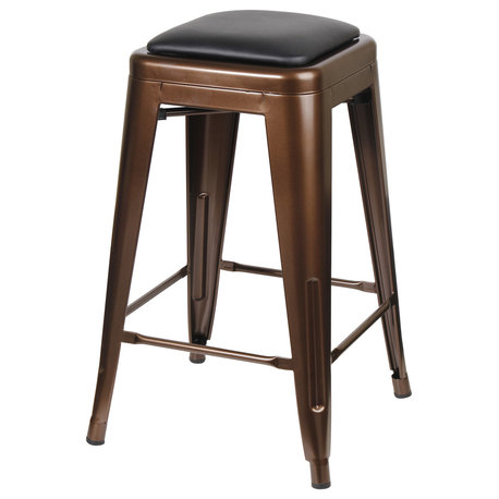 Backless Coffee Metal Barstools With Black Vegan Leather Seat, Set of 3