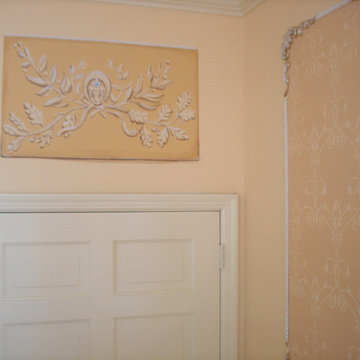 Living room. Mill work. Custom mural. Stencil.
