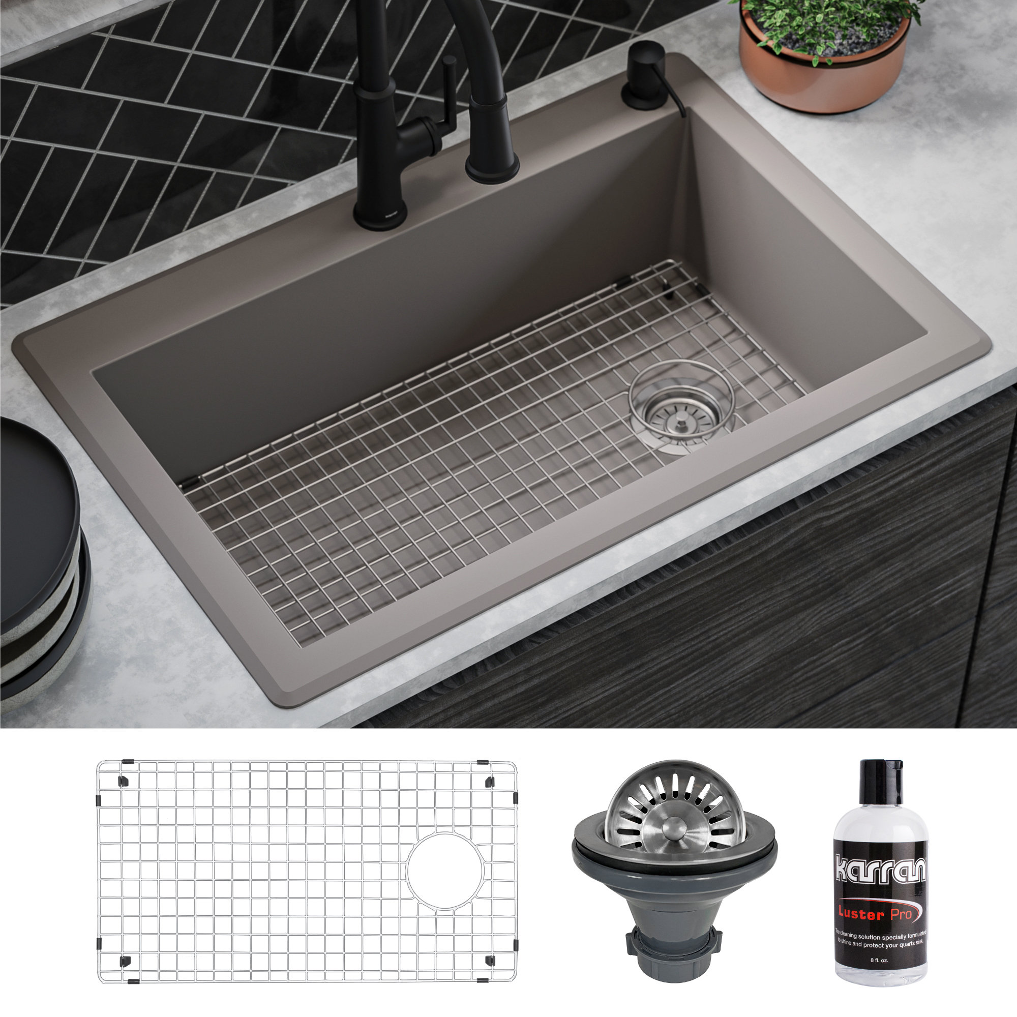 Karran Drop-In Quartz 33" 1-Hole Single Bowl Kitchen Sink Kit, Concrete