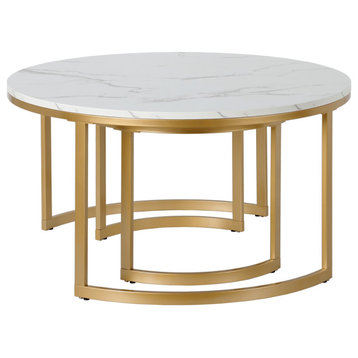 Set of Two 36" White And Gold Faux Marble And Steel Round Nested Coffee Tables