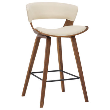 Jagger Modern 26" Wood and Faux Leather Counter Height Stool, Cream/Walnut