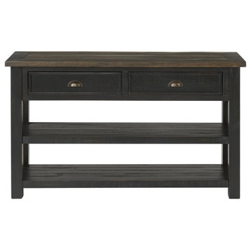 Farmhouse Console Table, Pinewood Top With 2 Storage Drawers, Black/Brown