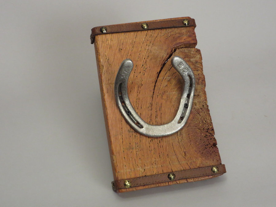 #R15023 Coat Rack Reclaimed Oak, horseshoes, leather.