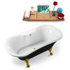 68" Black Clawfoot Tub and Tray, Gold Feet, Gold External Drain