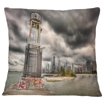 Lake Michigan Navigation Light Cityscape Throw Pillow, 18"x18"
