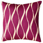 Kashmir Designs - Contemporary Waves Tyrian Purple Decorative Pillow Cover Handmade Wool 18x18" - Kashmir is proud to bring together the modern abstract vector design pillow collection, hand embroidered by the finest artisans of Kashmir, into the living spaces of patrons and connoisseurs’ all around the world. These unique, seamless and modern pillows would bring together the artistic elements of any room, creating a harmonious design and perfect air of sophistication.