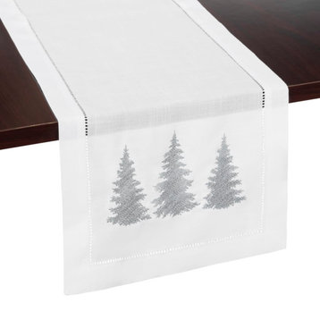 Silver Winter Trees Embroidered Hemstitch Table Runner, White, 14 X 108 Inches