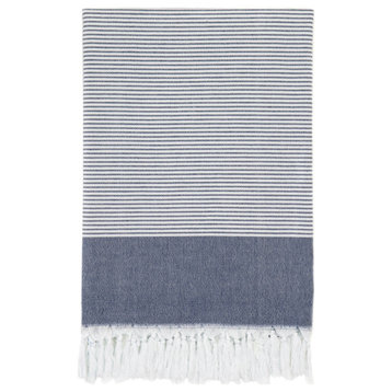 100% Turkish Aegean Cotton Elegant Thin Stripe Pestemal Beach Towel, Navy