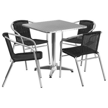 27.5" Square Aluminum Indoor-Outdoor Table With 4 Black Rattan Chairs