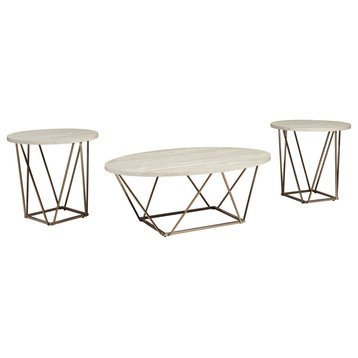 Benzara BM213306 Marble Table Set with 1 Coffee Table & 2 End Tables, White/Gold