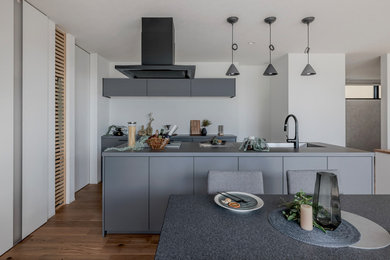 This is an example of a modern grey and brown single-wall open plan kitchen in Tokyo with a submerged sink, beaded cabinets, grey cabinets, laminate countertops, an island, brown floors and grey worktops.