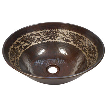 14" Round Copper Vessel Bathroom Sink with Silver Floral Overlay