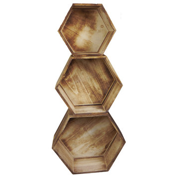 11.8" Brown Wash Hexagon Wood Crate, Set of 3