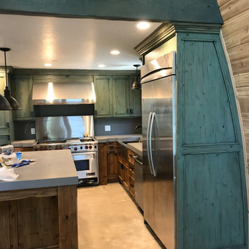 Custom green-stained cabinets