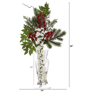 25" Wisteria, Iced Pine and Berries Artificial Arrangement, Glass Vase