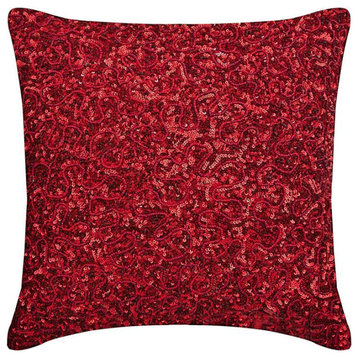 Red 24x24 Outdoor Pillow Cover Silk Bling Sequins Modern Solid, Red Glitterati