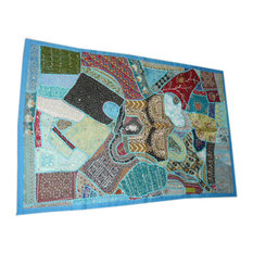 Mogul Interior - Vintage Sari Wall Hangings Blue Patchwork Tapestry - Tapestries