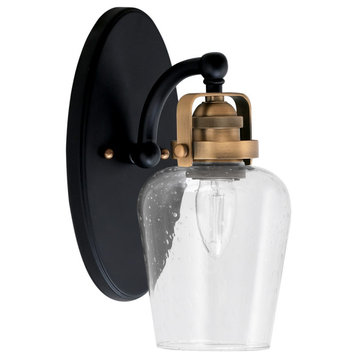 Easton Wall Sconce In Matte Black & Brass Finish, 5" Clear Bubble Glass