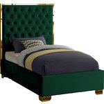Meridian Furniture - Lana Velvet Bed, Green, Twin - Make the Lana green velvet bed part of your dream bedroom setup. This bed has all of the bells and whistles you want, including a super tall headboard that stands nearly five-feet tall. The bed is covered in green velvet fabric for a luxe look, and it's deeply tufted for added luxuriousness. The headboard is soft and welcoming against your back and head as you read or watch TV in bed, and the bed rests on gold legs for dependable sturdiness and durability. Use it without a box spring or foundation, since the slats are included.