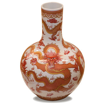 Red and Gold Dragon Imperial Chinese Porcelain Temple Vase, Without Stand