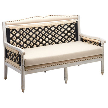 White Wash Rope Woven Back and Sides Upholstered Sofa Bench Cream