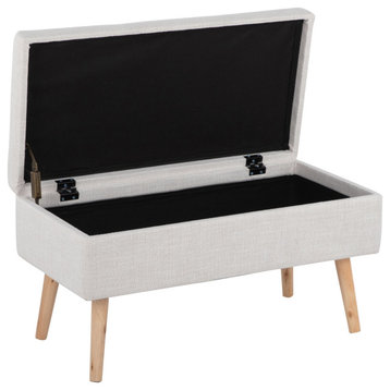 Contemporary Storage Bench, Natural Wood, Beige Fabric