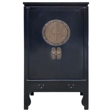 Chinese Oriental Black Moon Face Tall Wedding Armoire Cabinet Hcs7737