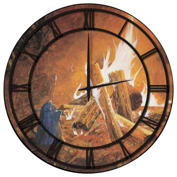 Wall Clock With Full Coverage Art, Evening Campfire, Black Numbers, 24"x24"