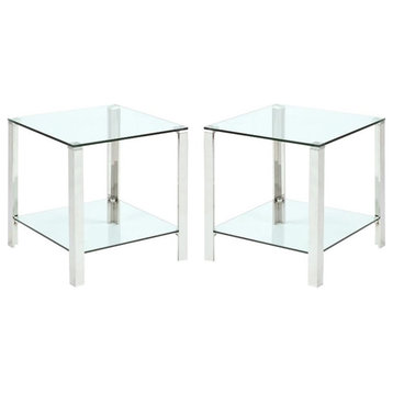 Home Square 19.7" Square Glass & Stainless Steel Lamp Table in Clear - Set of 2