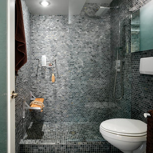 Example Of A Trendy Gray Tile And Mosaic Tile Mosaic Tile Floor Alcove Shower Design In