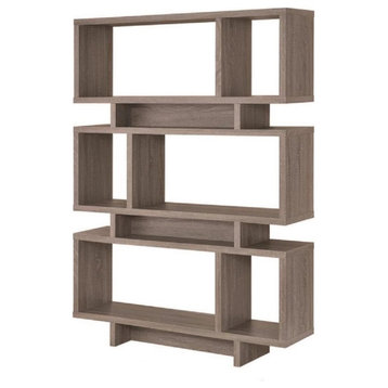 Modern Bookcase, Asymmetrical Design With Staggered Shelves, Weathered Grey