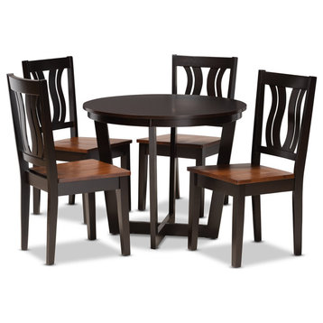 5 Pieces Dining Set, Circular Table & 4 Wooden Chairs With Smooth Scooped Seat