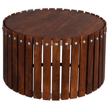 Modern Classic Drum Coffee Table, Slatted Sides & Round Top, Dark Walnut Brown