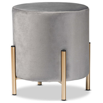 Thurman Gray Velvet Fabric Upholstered and Gold Finished Metal Ottoman