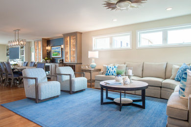 Inspiration for a huge transitional open concept medium tone wood floor and brown floor living room remodel in Bridgeport with a bar, beige walls, a standard fireplace, a stone fireplace and a media wall