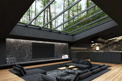 Inspiration for a large contemporary open plan living room in London with black walls, light hardwood flooring, a wall mounted tv, brown floors and feature lighting.