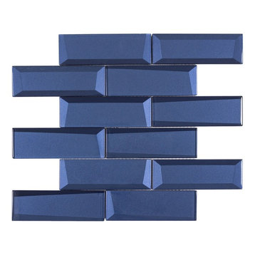 MTO0156 Modern Faceted Beveled Subway Blue Glossy Metallic Glass Mosaic Tile