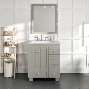 Eviva Acclaim 28" Transitional Bathroom Vanity w/ White Carrara Quartz Top, Grey