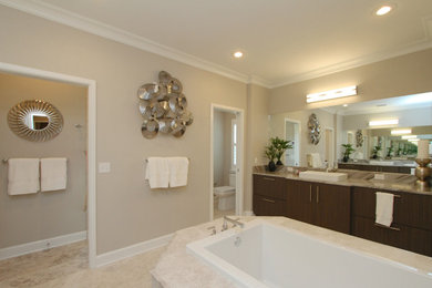 Huge transitional master porcelain tile double-sink bathroom photo in Jacksonville with quartzite countertops