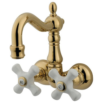 Wall Mount Tub Faucet, Curved Spout & Cross Porcelain Handles, Polished Brass