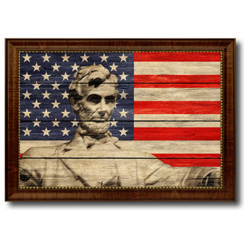 Abraham Lincoln Memorial Textured Flag Print With Brown Gold Frame, 19"X27"