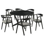 Armen Living - Santana 7-Piece Round Black Wood Dining Table Set With Charcoal Fabric - Host like a pro with the Santana 7-piece Round Wood Dining Set from Armen Living. Perched upon a sculptural base with beautifully crafted splayed legs, our modern round dining table serves as an elegant focal point for any room. It plays around with the angles of wooden grains to achieve a rich and eye-catching tabletop. Our versatile and mid-century modern dining set can effortlessly complement a variety of different styles. Its space-friendly proportions make it a perfect fit for eat-in kitchens and dining rooms. This dining set includes 1 dining table and 6 dining chairs. The round shape of our dining table makes it a natural hub for conversations and spending leisurely time. The 54 diameter tabletop easily allows seating for up to 6. The dining chairs feature a curved and hugging back to support you in just the right places. Completed with slender angular legs, the chairs make a stunning statement. The dining chairs deliver an airy silhouette vouching for hours of comfortable sitting. With an upholstered and padded seat, these dining chairs offer as much comfort as they do style. The Santana Dining Set is available in a walnut finish with your choice of charcoal, blue, or orange upholstery or a black finish with charcoal upholstery.